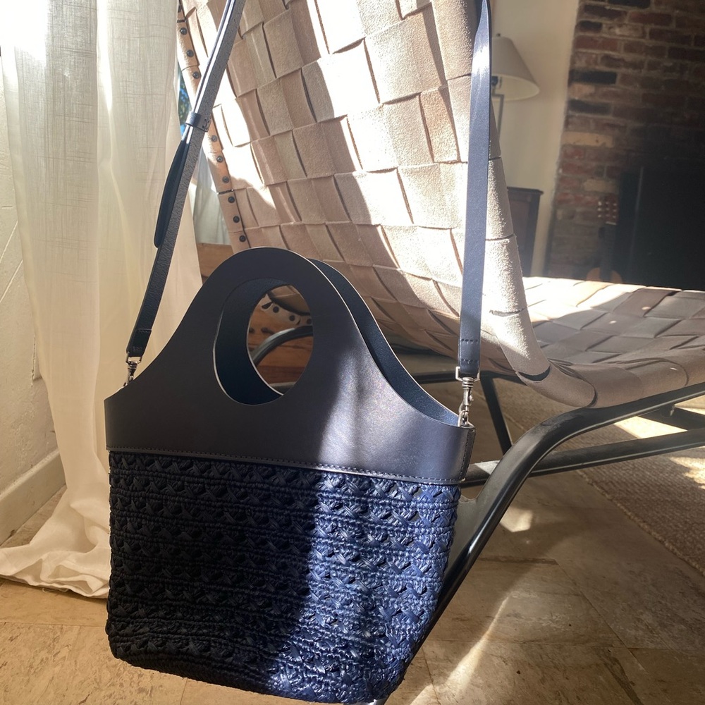 Woven Raffia & Leather Navy handbag, cross body and hand held
